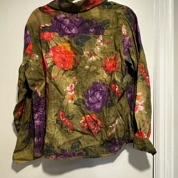 Chico's Linen Jacket Size 2 Multicolor Watercolor Floral Button Front. Pockets - Picture 12 of 14